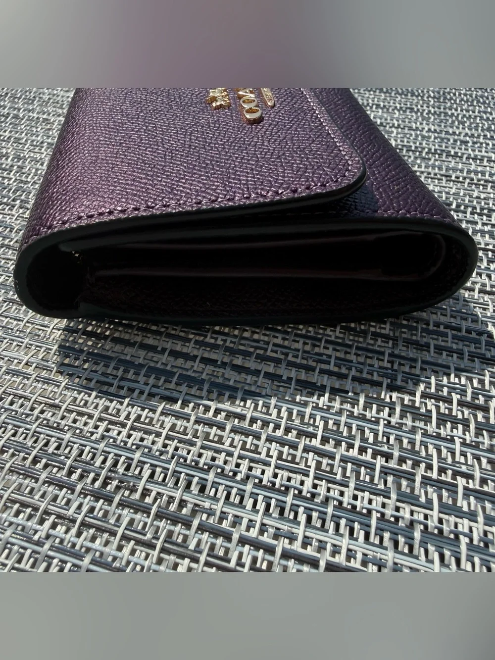 Coach metallic purple trifold button wallet